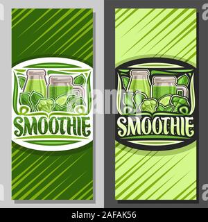 Vector layouts for Green Smoothie, coupon with illustration of juicy veggies set, bottle and mason jar with homemade blended beverage, voucher with le Stock Vector