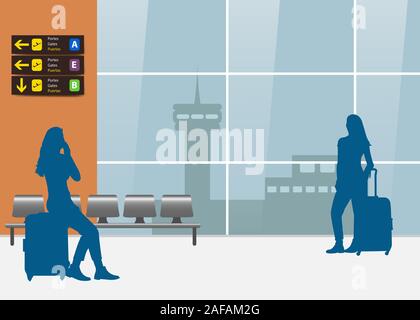 Air travel concept showing airport interior and silhouette of two waiting tourist girls with suitcases. Stock Vector