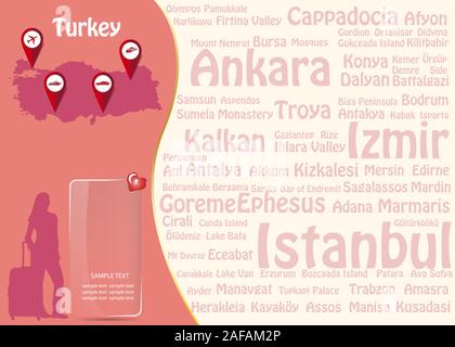 Travel to Turkey concept with map of Turkey silhouette of tourist woman and transparent rectangle ready for your text.  Names of the most famous desti Stock Vector