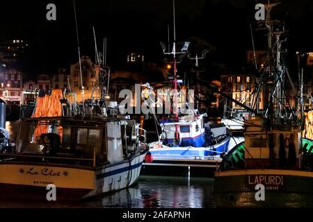 Fishing boats at night, Saint-Jean de Luz, Pyrénées-Atlantiques, France Stock Photo