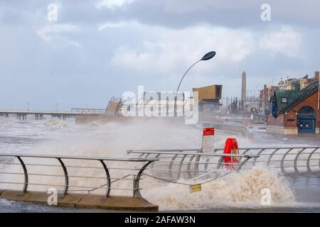 Blackpool, UK. 14th Dec, 2019. Weather news. A stormy day here in Blackpool with hugh waves battering the resort. Credit: Gary Telford/Alamy Live News Stock Photo
