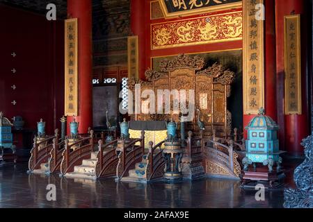 March, 27. 2019: Imperial throne in Palace of Heavenly Purity in the Forbidden City. Beijing, China Stock Photo