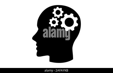 Head with gears in the brain black vector icon on a white background. Flat design, concept of thinking Stock Vector