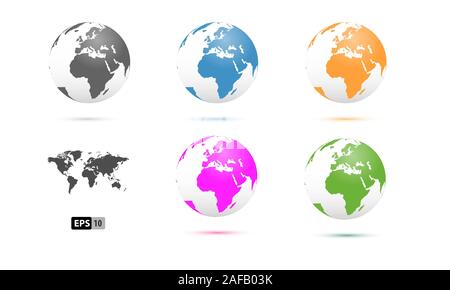 3D Vector Globes with World Maps and continent europe version. colorful globes. Stock Vector