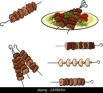 Set of Roasted Meat, Mushroom or Vegetables, Traditional Food Barbecue, Steaks, Kebab or Shashlik. Isolated on White Background. Vector Stock Vector