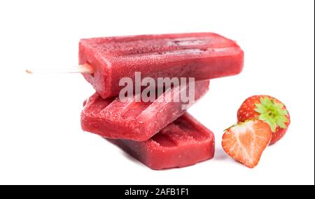 Strawberry Popsicles isolated on white background (detailed close-up shot) Stock Photo