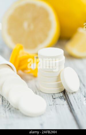 Vitamin C Tablets close-up shot, selective focus Stock Photo