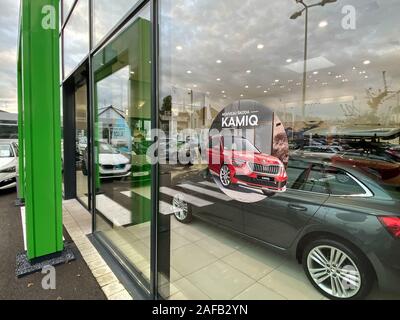 Paris, France - Oct 25, 2019: Entrance to Skoda Auto car showroom with advertising for the new Kamiq SUV launch Stock Photo
