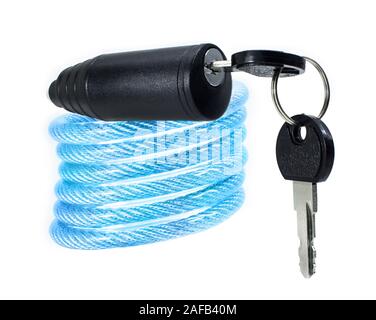 Blue bicycle lock for bike with key isolated on white background Stock Photo
