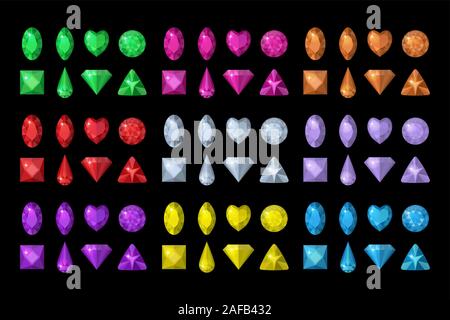 Colored gems set. Jewelry, crystals collection isolated on black background. Precious stones of different shapes, cut. Colorful gemstones. Realistic Stock Vector
