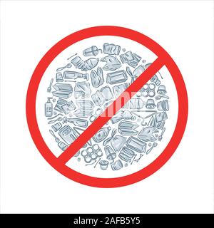 Say no to plastic pollution. Ecological poster. White plastic waste bag, bottle and trash Stock Vector