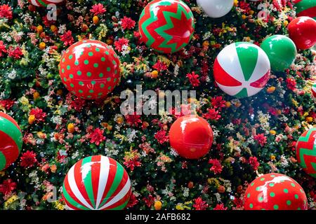 Christmas decorations and baubles close up on giant christmas tree in Martin Place Sydney Australia Stock Photo