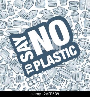 Say no to plastic pollution. Ecological poster. White plastic waste bag, bottle and trash Stock Vector