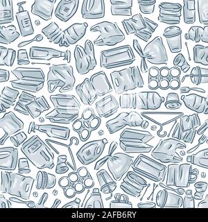 Plastic waste icon collection seamless pattern on white background.  Stock Vector