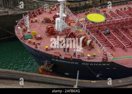 Panama - 11/6/19: A view of a oil chemical freighter ship called the Ardmore Seahawk going through the Panama Canal. Stock Photo