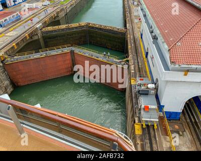 Panama - 11/6/19: A closeup view of the Panama Canal second locks closing behind a cruise ship as it goes through the canal.