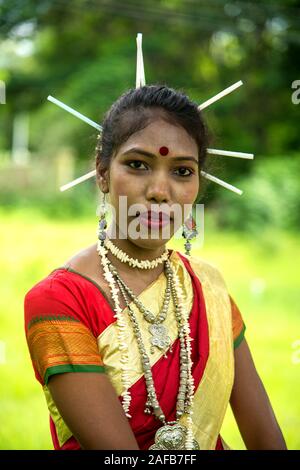 AMRAVATI, MAHARASHTRA, INDIA - AUGUST 9 : Group of Gondi tribes celebrating world tribal day by performing folk Dance in Amravati, Maharashtra, India Stock Photo