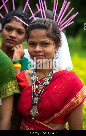 AMRAVATI, MAHARASHTRA, INDIA - AUGUST 9 : Group of Gondi tribes celebrating world tribal day by performing folk Dance in Amravati, Maharashtra, India Stock Photo