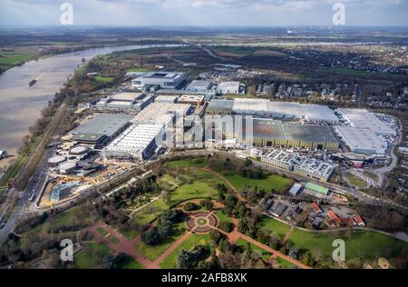 aerial photo, MERKUR SPIEL-ARENA, fair Düsseldorf at the river rhine, new building, Düsseldorf, Rhineland, North Rhine-Westphalia, Germany, DE, Europe Stock Photo