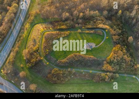 aerial photo, panorama slagheap with the steel Saxon cross of Paul Reding Bergehalde, building rubble heap Heessen, near OBI-market Hamm, Hamm, Ruhr a Stock Photo