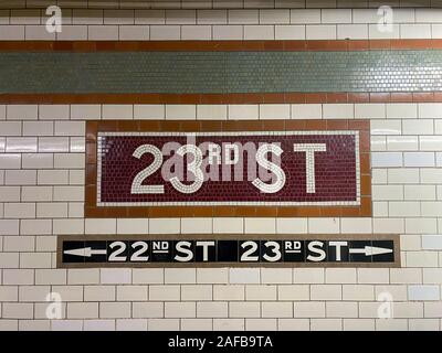 New York City - Nov 15, 2019: 23rd Street New York City Subway station sign on the Lexington Avenue line. Stock Photo