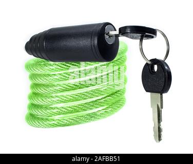 Green bicycle cable lock with key isolated on white background