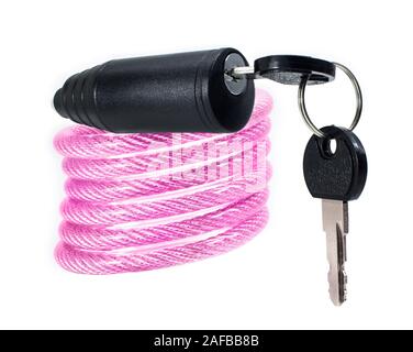 Pink bicycle lock for bike with key isolated on white background Stock Photo