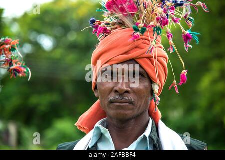 AMRAVATI, MAHARASHTRA, INDIA - AUGUST 9: Unidentified group of Korku tribe celebrating world tribal day by performing a dance on traditional music, Ko Stock Photo