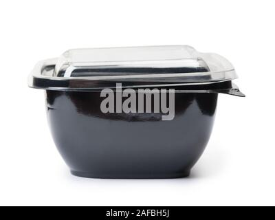 Empty black plastic disposable take out container for food isolated on white background Stock Photo