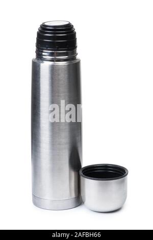 Steel travel thermos isolated on white background Stock Photo