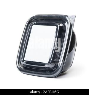 Empty black plastic disposable take out container for food isolated on white background Stock Photo