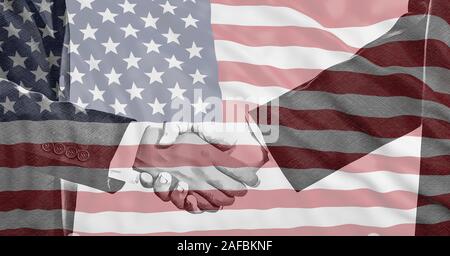 Black and white handshake on US flag background. MLK day, equality, agreement concept. Stock Photo