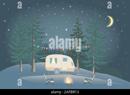 Travel Trailer in night forest with bonfire. Stock Vector