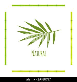 A branch with green bamboo leaves illustration on white background with stems in the shape of the frame and the inscription natural. Tropical plant of Stock Vector