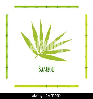 A branch with green bamboo leaves illustration on white background with stems in the shape of the frame and the inscription. Tropical plant of Asian c Stock Vector