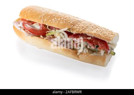 Sandwish with ham and tomatoes isolated on white background Stock Photo