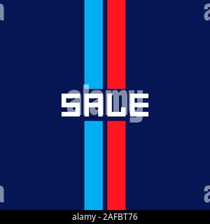 White inscription sale on dark blue background of vertical stripes. Two red-white ribbons as decorations. Sale banner. Template for use on flyer, post Stock Vector