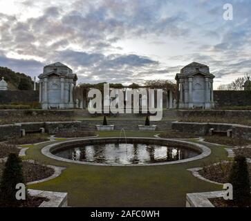 War memorial gardens Dublin Ireland symmetry, european architecture and gardens at sunset in winter Stock Photo