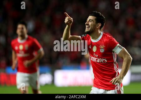 Lisbon, Portugal. 14th Dec, 2019. Pizzi of SL Benfica celebrates after scoring a goal during the Portuguese League football match between SL Benfica and FC Famalicao at the Luz stadium in Lisbon, Portugal on December 14, 2019. Credit: Pedro Fiuza/ZUMA Wire/Alamy Live News Stock Photo
