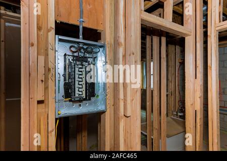 Switchboard voltage with circuit breakers electrical installation interior framing with basement construction Stock Photo