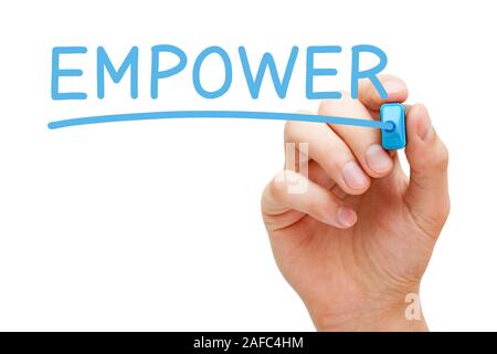 Hand writing the word Empower with blue marker on transparent wipe board isolated on white background. Empowerment concept. Stock Photo