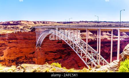 The Glen Canyon Bridge over the Colorado River viewed from the Glen Canyon Dam Overlook near Page, Arizona, United States Stock Photo