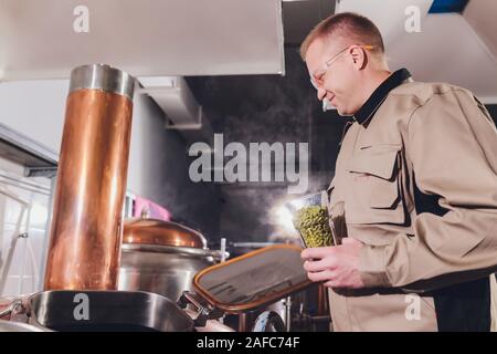 Brewer with green hops dressed in apron and checkered shirt at the manufacturing. Epertising quality of beer ingredients Stock Photo