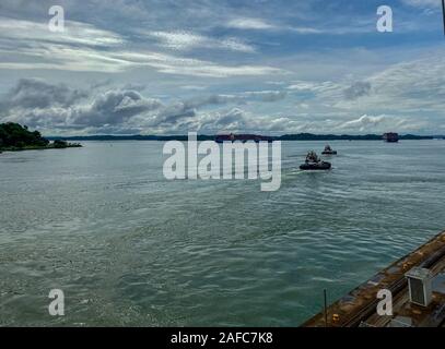 Panama - 11/6/19: The view from a cruise ship of ships in Gatun Lake waiting to transit the Panama Canal. Stock Photo