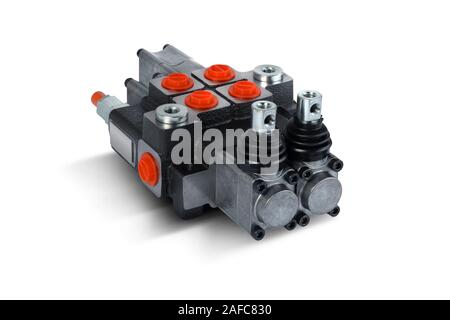 Two section Hydraulic distributor of the tractor on isolated white background with shadow Stock Photo