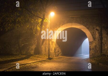 The Tunnel. Way out with spooky mist and fog at night. Single lamp and light from the other side. Afterlife concept. Stock Photo
