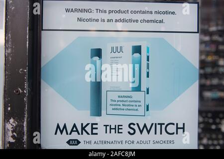 A Juul logo is seen in San Francisco, California, United States on December 14, 2019. U.S. President Donald Trump and senior Administration officials met with nearly two dozen stakeholders in late November, 2019, to hear their opinions on e-cigarettes, the concerning data showing a substantial increase in youth usage. (Photo by Yichuan Cao/Sipa USA) Stock Photo
