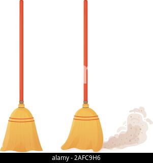 Cartoon broom set. A broom sweeps dust and dirt. Equipment and tools for cleaning the element isolated on a white background. Household, cleaning Stock Vector