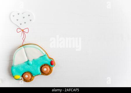 Photo of the car flying balloons. Greeting card for children, newborns. Children banner. Stock Photo