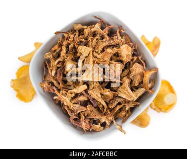 Portion of Dried Chanterelles as detailed close-up shot isolated on white background Stock Photo